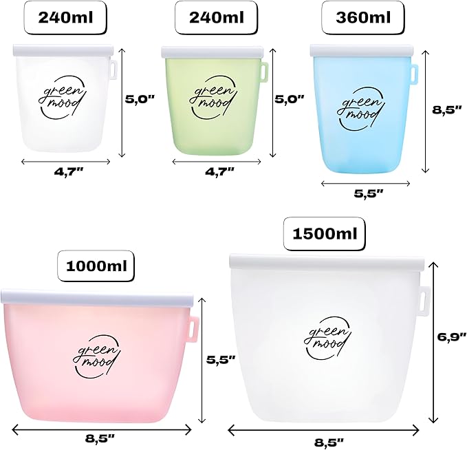 Green Mood Silicone Reusable Food Storage Bags with Organizer – 5 Pack (4 Sizes) – BPA-Free, Leakproof, Freezer & Microwave Safe – Eco-Friendly Bags with Plastic Storage Box for Kitchen & Travel