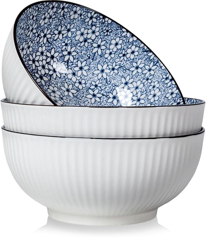 Houlu 60 oz Pho Bowls, Large Soup Bowl, Japanese Ramen Bowl Set, 8 inches Big Porcelain Bowls Set of 3, Floral Pattern
