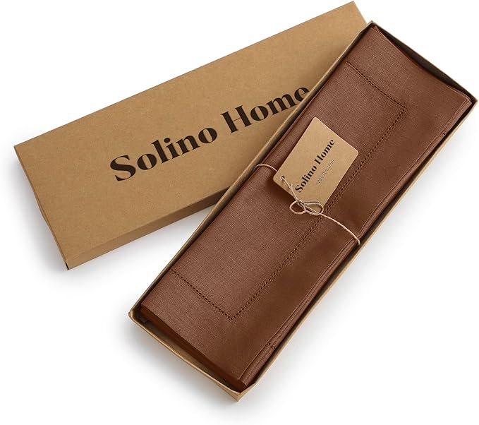 Solino Home Linen Placemats Set of 4 - Classic Hemstitch Brown Placemats 14 x 19 Inch - 100% Pure Linen Table Mats for Fall, Autumn, Thanksgiving