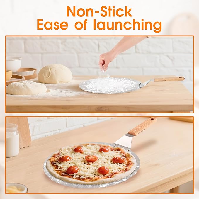 12 Inch Stainless Pizza Peel with Pizza Cutter, Pizza Spatula with Ergonomic Long Wood Handle for Pizza Oven Baking, Turing Peel for Pizza, Dough, Bread Pastry