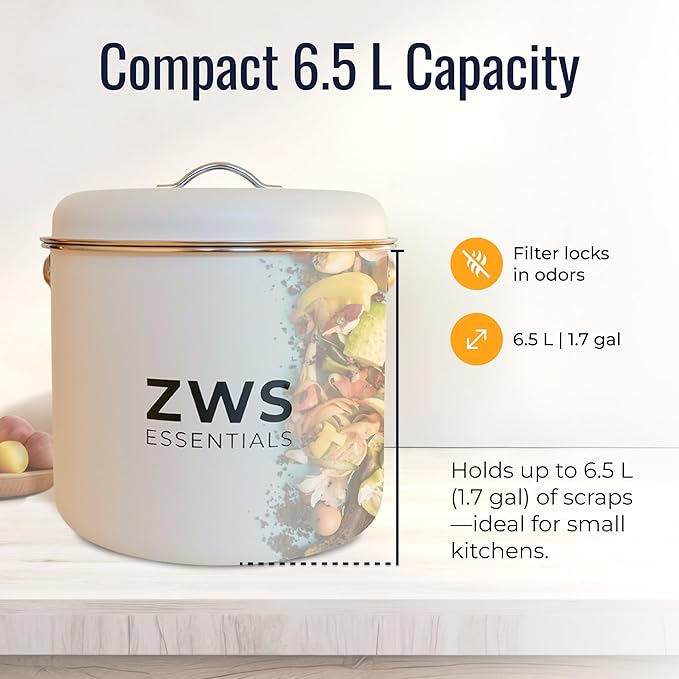 White Stainless Steel Compost Bin | 6.5L Odor-Free Kitchen Countertop Food Scrap Pail with Charcoal Filter | Compact Zero Waste Solution for Home and Apartment Kitchens