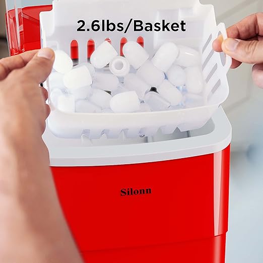 Silonn Ice Makers Countertop, Self-Cleaning Ice Machine 9 Cubes Ready in 6 Mins, 2 Sizes of Bullet Ice for Home Kitchen Office Bar Party, Red