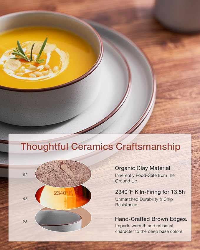 Famiware Nebula Ridge Stoneware Dinnerware Sets for 8, 24 Pieces Plates and Bowls Sets, Dishes Set, Microwave and Dishwasher Safe Kitchen Plates, Light Gray