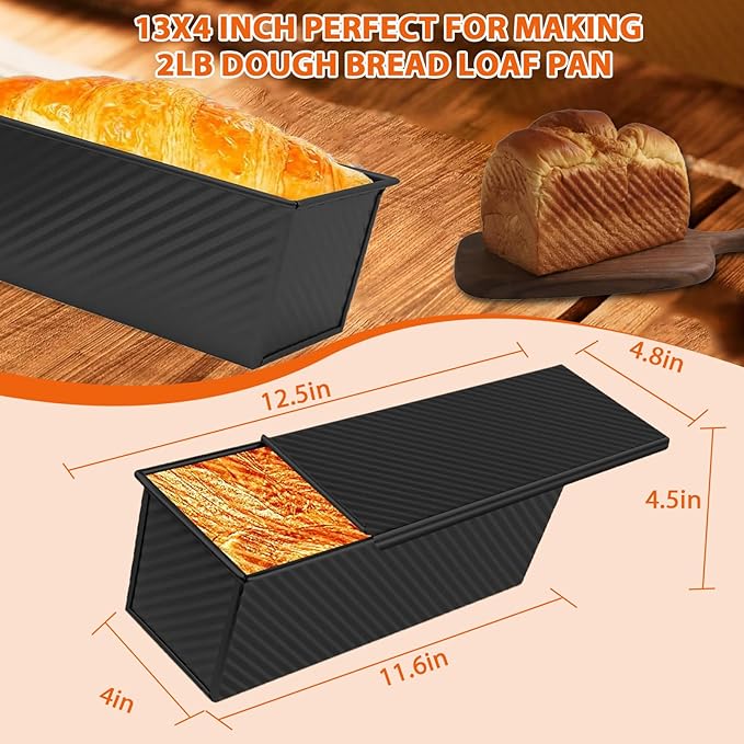 Non-Stick Pullman Loaf Pan with Lid 13x4 Inch - 2.2lb Carbon Steel Bread Baking Pan with 4 Vent Holes, Heavy Duty Sourdough Loaf Pan with Cover for Homemade Sandwich Bread (Black)