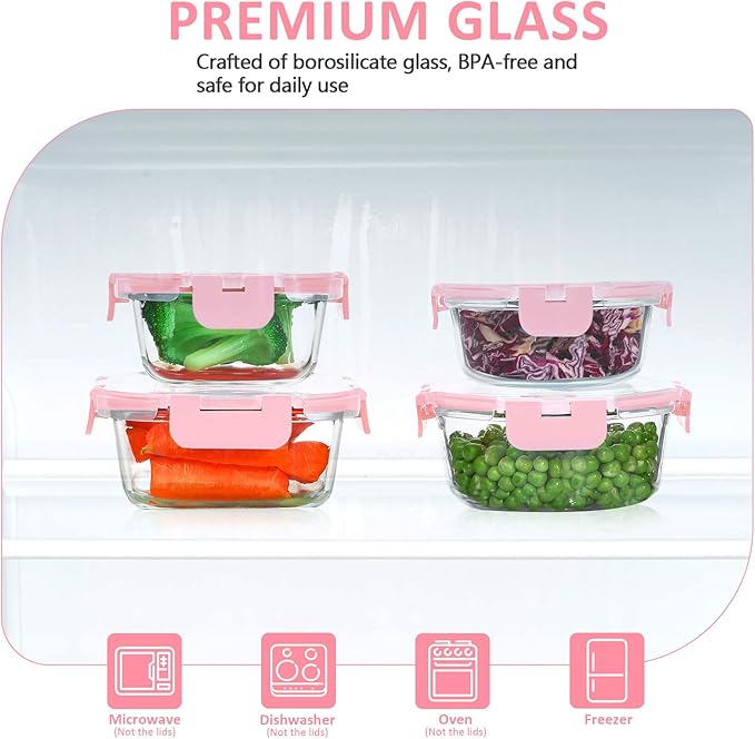 24 Pieces Glass Food Storage Containers Set, Meal Prep Containers-Stackable Airtight Glass Storage Containers with lids,Freezer, Microwave, Oven Safe,Pink