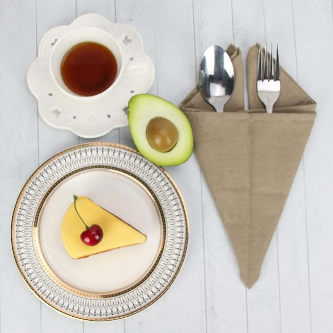 Solid Color Linen Blended Thin Dinner Cloth Napkins - Set of 12 (40 x 40 cm) - for Events & Home Use (Khaki)