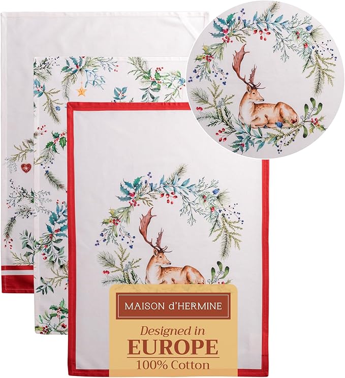 Maison d' Hermine Kitchen Towels Set of 3 100% Cotton 20" x 27.5" Reusable Cloth Tea Dish Towels Absorbent with Hanging Loop for Kitchen Dining Thanksgiving Christmas Decorations (Holly Time)