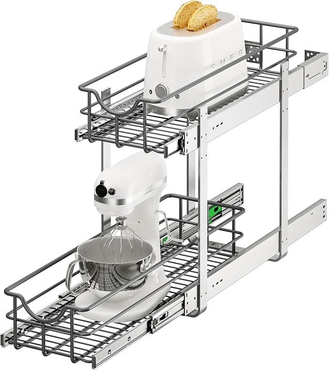 ALINE FURNITURE 2-Tier Pull Out Cabinet Organizer - 8" W x 22" D Soft Close Sliding Shelves with Shelf Liners - Pullout Drawers for Kitchen Cabinets, Pantry, Bathroom, Heavy Duty Steel Wire Baskets