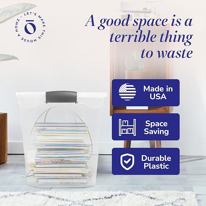 HOMZ 2-Pack Latching Lid, Large Clear Plastic Storage Bins w/Lids, 112 Quart, Gray Latch - Stackable Container Boxes for Home, Bathroom, and Office Organization