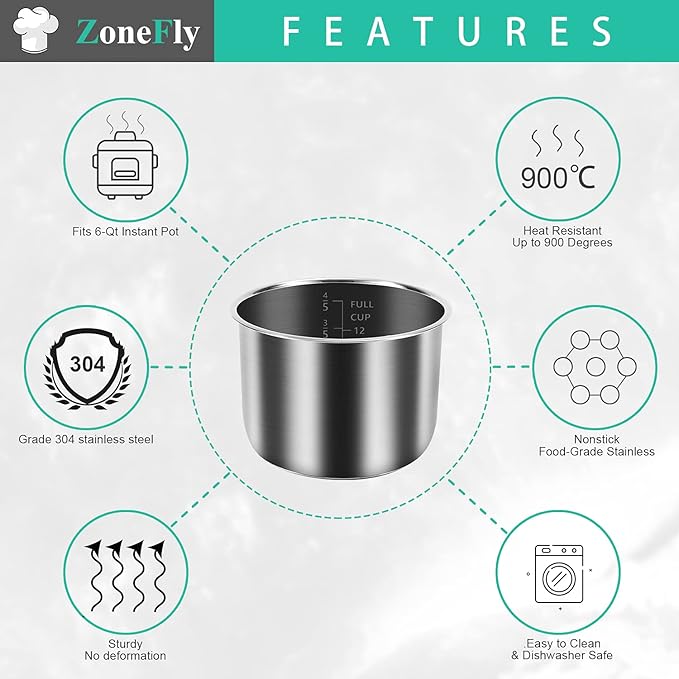 ZoneFly Stainless Steel Inner Pot Compatible with Instant Pot 6 Qt, Original 6 Quart InstaPot Replacement with Polished Surface Non-Stick and 2 Sealing Rings