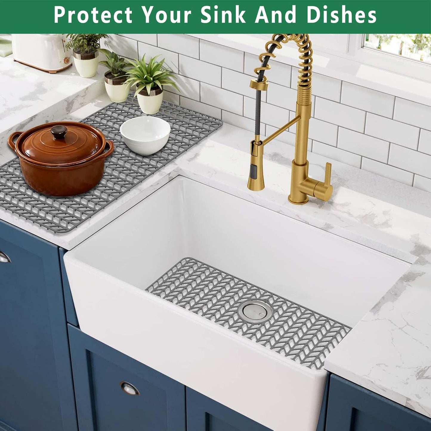 GUUKIN Sink Protectors for Kitchen Mat -30"x 16" Silicone Kitchen Sink Mat Grid for Bottom of Farmhouse Stainless Steel Porcelain with Rear Drain（Grey