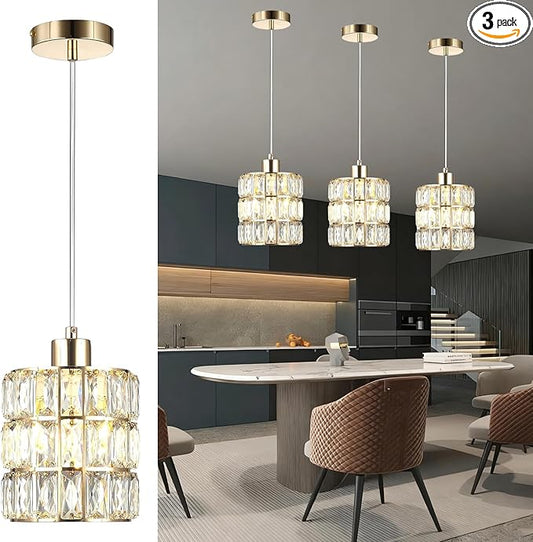 Gold Crystal Pendant Light, Pendant Lights Kitchen Island 3 Pack, Adjustable Modern Pendant Light, Hanging Light Fixtures for Dining Room Entryway Living Room Bar