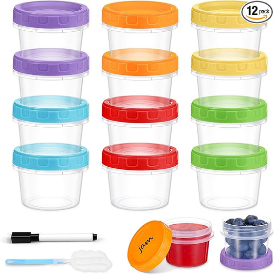 2 oz Small Plastic Containers with Lids, 12 Pack Salad Dressing Container, Reusable Condiment Containers Sauce Cups, with Pen and Brush, Freezer, Microwave & Dishwasher Safe