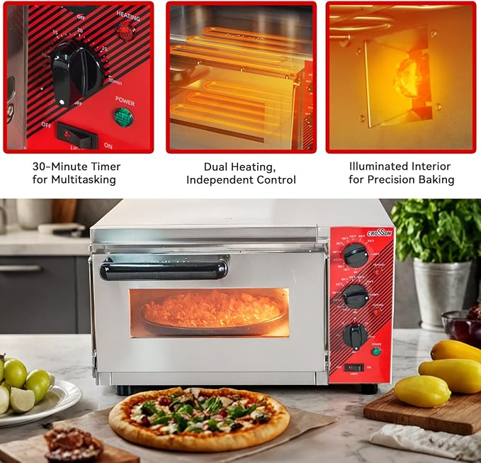 CROSSON Electric 12” Pizza Oven Countertop with Pizza Stone, 30-minute Timer and interior light,Indoor Stainless Steel Pizza Maker for Home Use,120V/1600W