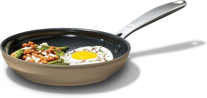 OXO Enhanced 8” Nonstick Frying Pan Skillet, Ceramic PFAS-Free Cookware, Stainless Steel Handle, Eggs & Omelets, Dishwasher & Oven Safe, Biscuit Brown