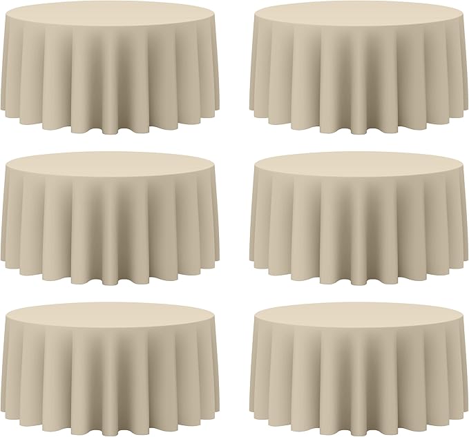 BRILLMAX 6 Pack Beige Round Tablecloths 132 Inch - Circle Bulk Linen Polyester Fabric Washable Table Cloth Cover for Wedding Reception Banquet Birthday Party Buffet Restaurant