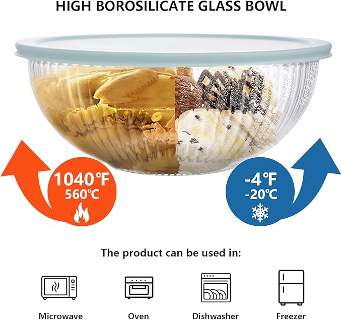 Luvan Glass Mixing Bowls with Lids Set(3.7QT, 2.1QT, 1.1QT),3PC Glass Nesting Bowl, Large Salad Bowls Sets with lids,Clear Cooking Bowl for Kitchen Prep,Food Storage,Baking,Microwave and Oven Safe