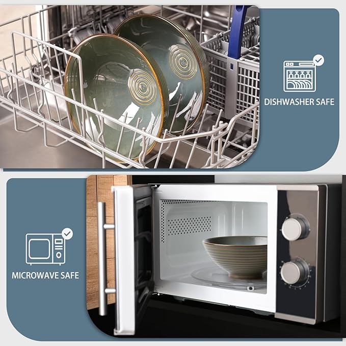 NUTRIUPS 8 Inch Ceramic Ramen Bowl Set of 2 Pho Bowls 40oz Japanese Noodle Udon Soup Bowls with Spoons and Chopsticks (Deep Ocean Green)