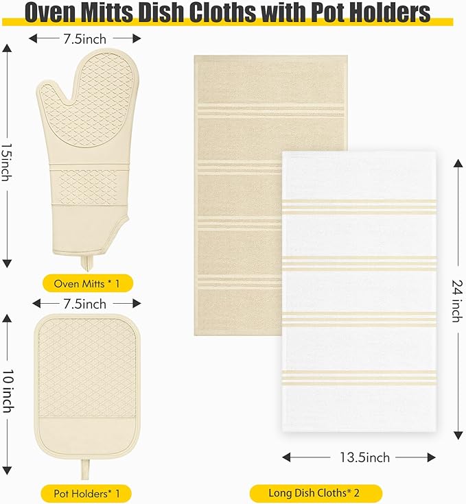 Oven Mitt and Pot Holders Sets, Quilted Cotton Terry Cloth,Non-Slip Pot Holder, Silicone Oven Mitt Heat Resistant, Oven Mittens 7.3"x14.2", Hot Pad 7"x10" & Dish Cloths 13"x25"