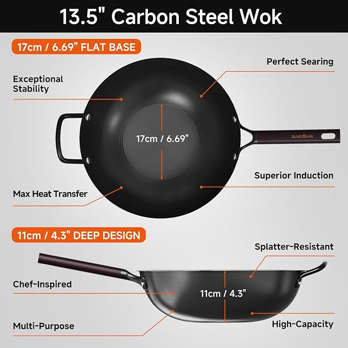13.5" Carbon Steel Wok Pan - Pre-Seasoned Flat Bottom Woks & Stir-fry Pans Chinese Cookware with Lid & Spatula - For Pan-fry,Stir Fry, Steam, BBQ & Camping - Compatible with Induction, Gas