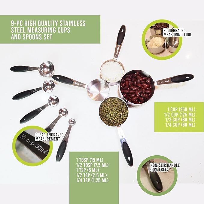Premium Culinary Precision Bundle: Includes Two 100% Natural Bamboo Hanging Rack Organizer and 9-pc Stainless Steel Measuring Cups and Spoons Set