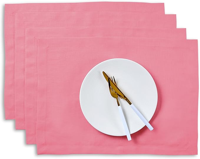 Solino Home Linen Cloth Placemats Set of 4 - 100% Pure Linen Pink Carnation Placemats 14 x 19 Inch - Fete