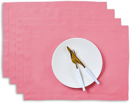Solino Home Linen Cloth Placemats Set of 4 - 100% Pure Linen Pink Carnation Placemats 14 x 19 Inch - Fete