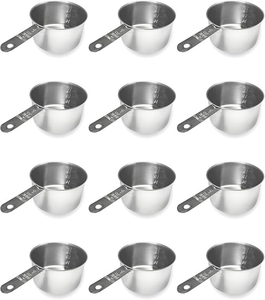 1 Cup Stainless Steel Measuring Cup | Sturdy Metal 250 ml | 240 cc | 8 oz | Single Cup for Wet and Dry Ingredients | Great for use as 1 Cup Dog Food Scoop - 12 PK