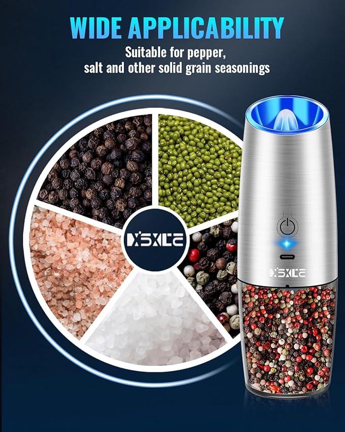 Rechargeable Electric Pepper and Salt Grinder Set, No Battery Needed, whit Gravity Sensing Switch and LED Light, One Hand Automatic Operation, Sliver, 2 Pack