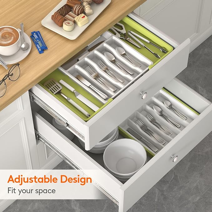 Lifewit Silverware Drawer Organizer, Expandable Utensil Tray for Kitchen, BPA Free Flatware and Cutlery Holder, Adjustable Plastic Storage for Spoons Forks Knives, Large, Green&White