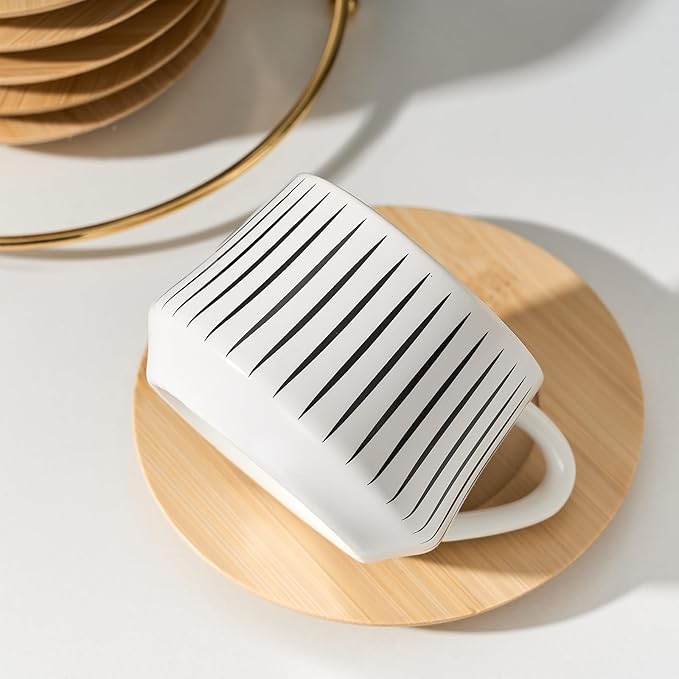 LUKA Ceramic Coffee Espresso Cups with Saucers Set with Metal Holder, 4 oz Porcelain Demitasse Cups For Tea, Espresso, Latte, Coffee, Cafe Mocha, Set of 6, White