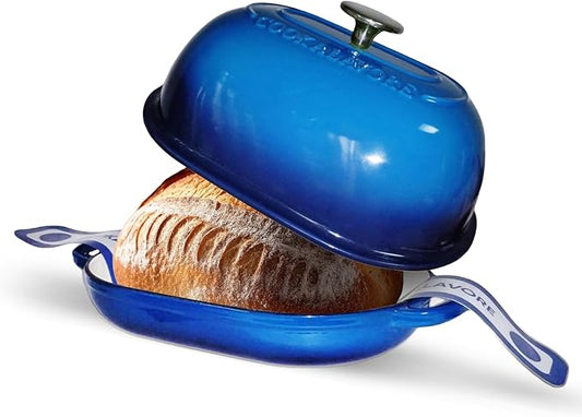 Cast Iron Bread Oven,6 QT Bread Oven,Thick Enameled Loaf Pan with Lid,Bread Pans for Homemade Bread,14.5"Dutch Oven for Bread Baking,Dutch Oven-with Silicone Baking Mat&Recipe,Gifts for Family,Blue