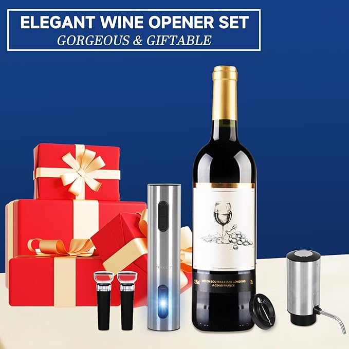 Electric Wine Opener Gift Set, Automatic Electric Wine Bottle Corkscrew Opener Rechargeable with Foil Cutter, Automatic Aerator, 2 Vacuum Stoppers for Home Bar Outdoor Parties, Stainless Steel