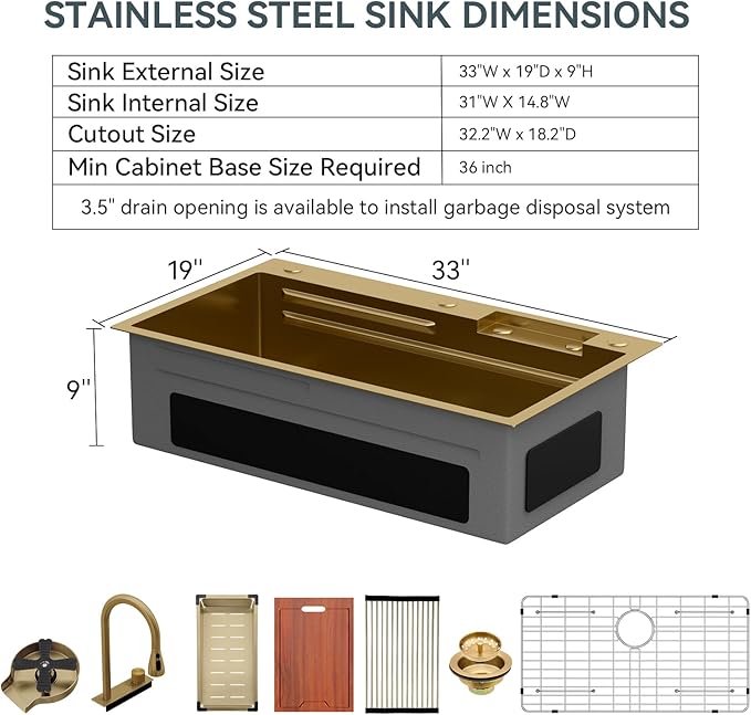 Lordear 33 Watefall Gold Kitchen Sink Drop In 33x19x9 Inch Topmount Sink Stainless Steel 16 Gauge Single Bowl Multifunctional Workstation Sinks with Built-in Accessories