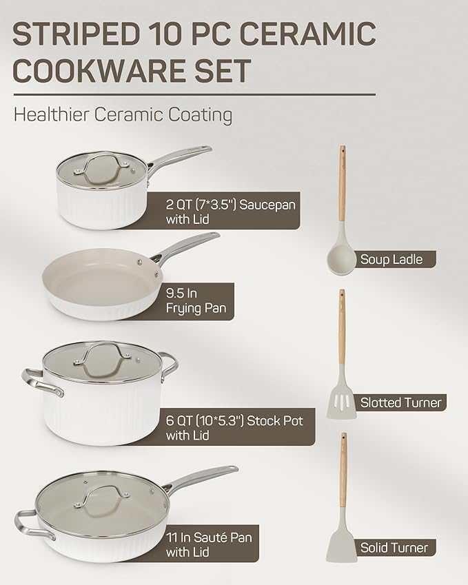 10Pcs Nonstick Cookware Set, Ciwete Tri-Ply Ceramics Cookware Set, Kitchen Pots and Pans with Stay Cool Ergonomic Handle, Dishwasher Safe, Oven Safe, Gift, Compatible with All Stovetop, White
