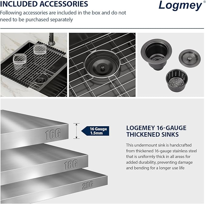 Logmey 33 Inch Double Bowl Undermount Kitchen Sink 33x19x9 Inch 50/50 Gunmetal Black Nano Coating Stainless Steel 16 Gauge Handmade Kitchen Sink