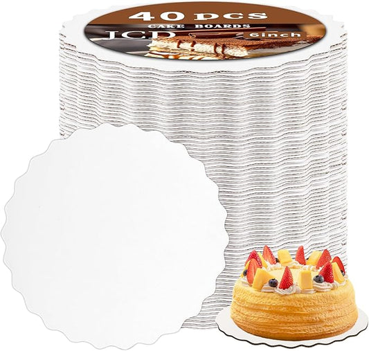 JCD 6" White Wave Cake Boards Round,Wave Cake Plate,Disposable Cake Circle Base Boards Cake Cardboard Pizza Plate Platter 6 inch,Pack of 40（Thinner But Stronger(White Wave, 6inch/40Pcs)