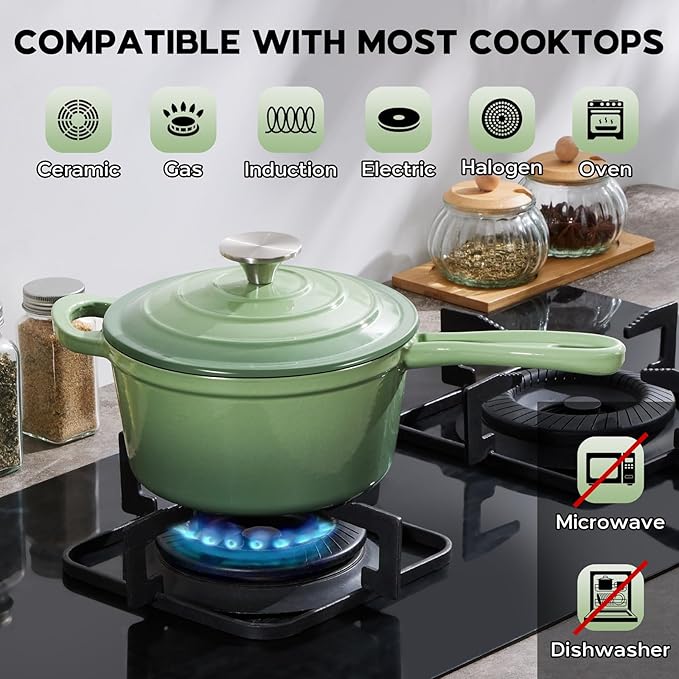 Onader Cast Iron Sauce Pan Pot, 2QT Small Saucepan with Lid, Enameled Cast Iron Dutch Oven Cooking Kitchen Pot – Pistachio Green