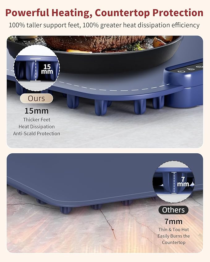 Warming Mat for Food, Upgraded Fast-Heating Electric Warming Tray with 7 Temp Levels & 8 Timers, Buffet Raised Feet & Rollable Silicone Heat Pad, Portable Food Warmer for Home, Party & Travel (Blue)