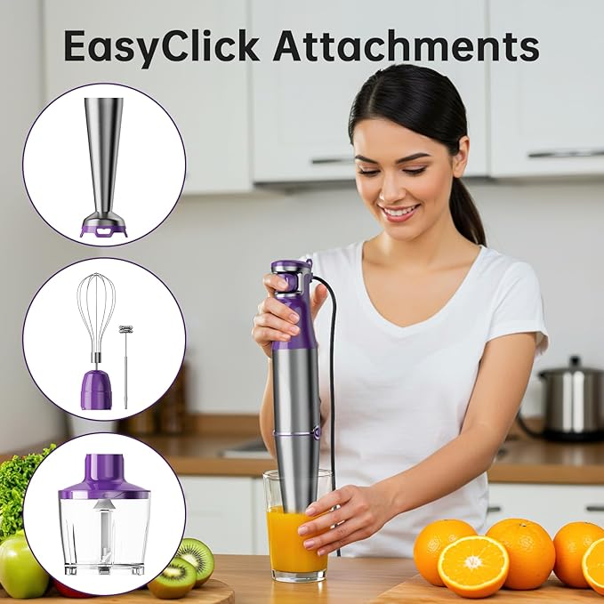 Immersion Blender Handheld Corded Hand Blenders Set 1100W, Trigger Variable Speed 5 in 1 Stick Emulsifier with Chopper, Whisk and Frother for Soup, Baby Food and Smoothies, Purple