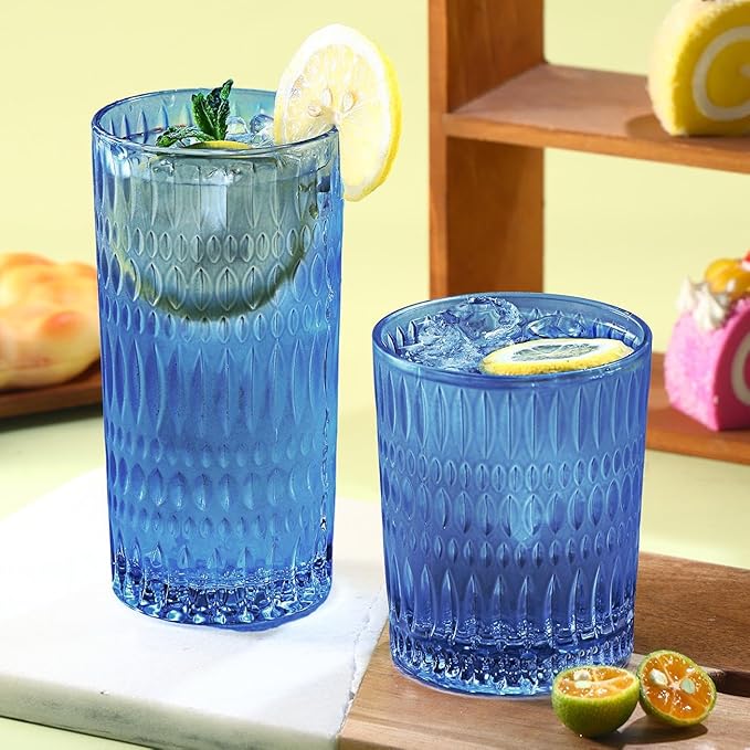Glassware Drinking Glasses Set of 8, 14 oz Highball Glasses & 10 oz Ribbed Glass Cups, Vintage Glassware for Water, Juice, Cocktail, Whiskey (Blue)