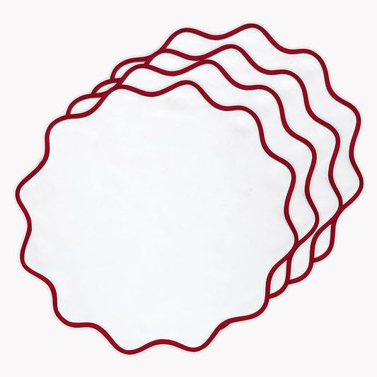 Solino Home Linen Scallop Cloth Placemats Set of 4-100% Pure Linen Red and White Round Placemats 16 Inch - Giselle Scallop Edge, Handcrafted and Machine Washable - Christmas