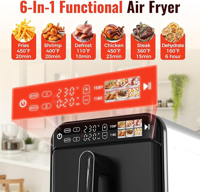11.6QT Dual Basket Air Fryer Oven, Vertical 2-Basket Design, 6-in-1 Presets Function with Digital Touchscreen, Sync & Match, Easy to Clean, Dishwasher Safe, Family Meals