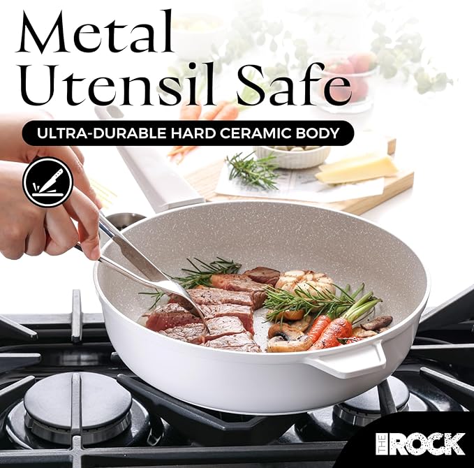 THE ROCK SOHO 4 Qt Nonstick Deep Frying Pan Skillet with Glass Lid, 11 Inch Large Deep Frying Pan, Ceramic Non Toxic Skillet with Heat-Resistant Handle, PFOA & PFAS Free, Oven & Dishwasher Safe, Cream