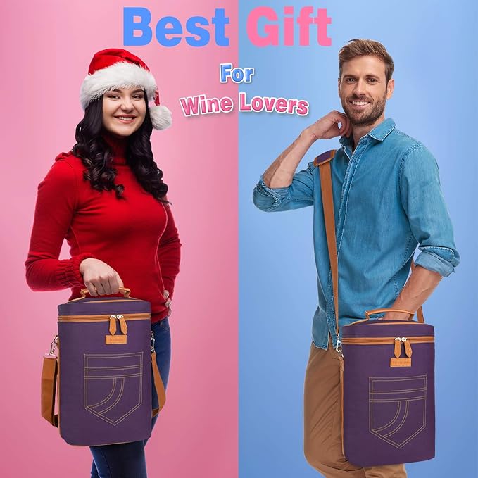 Tirrinia 4 Bottle Wine Gift carrier - Insulated & Padded Portable Wine Carrying Cooler Tote Bag for Travel, BYOB Restaurant, Wine Tasting, Party, Gift for Wine Lovers,Purple