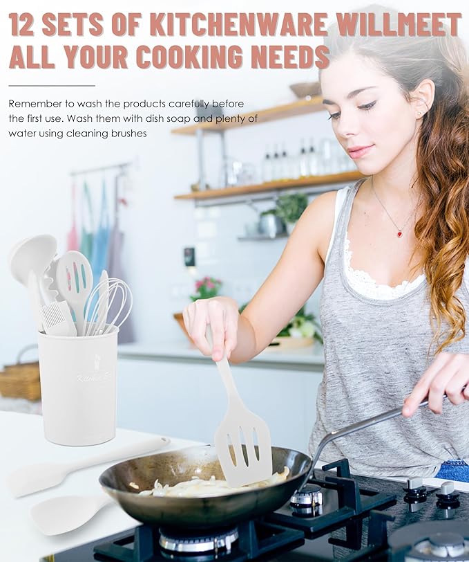 Kitchen Utensils Set-12 Pieces Silicone Cooking Utensils Set (Dishwasher Safe) 392°F Heat Resistant Spatula Set,Kitchen Utensil Set for Nonstick Cookware,Best Kitchen Tools with Holder