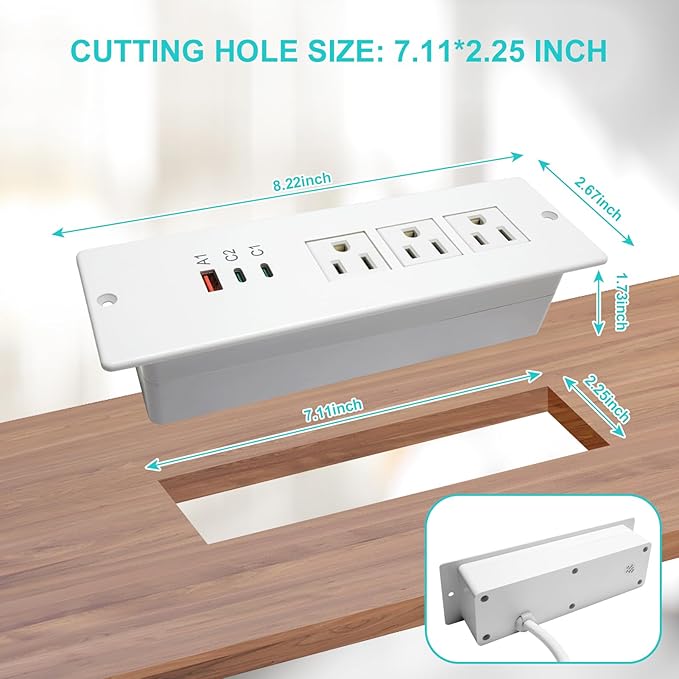 45W Recessed Power Strip USB C, Flush Mount Desk Extender 3 AC Outlets 2 PD USB-C&1 Fast Charge USB-A Ports,Flat Plug Extension Cord for Drawer Cabinet Countertop Table Conference White