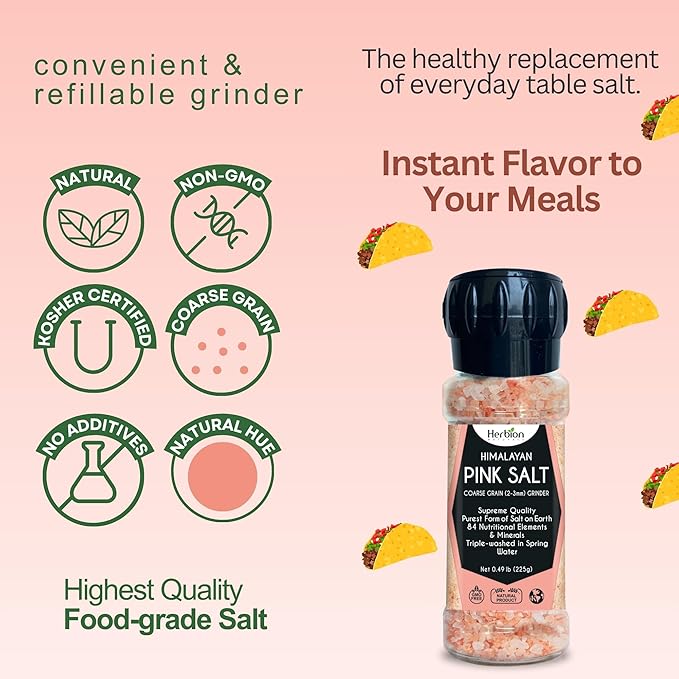 HERBION Naturals Himalayan Pink Salt Grinder Coarse Grain, 100% Pure with 84 Minerals for Seasoning, Refillable, All-Natural Salt, Triple-Washed in Spring Water, Vegan, Kosher Certified Pack of 1