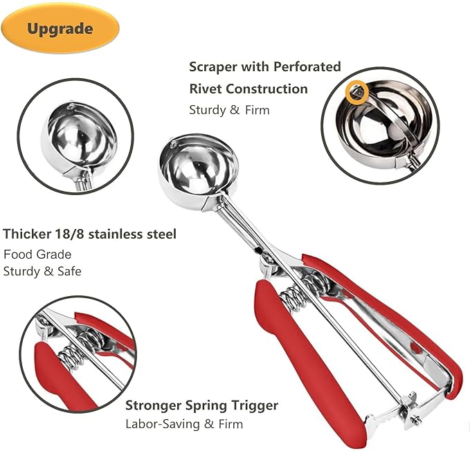 Cookie Scoop Set, 3Pcs Ice Cream Scoop, Cookie Scoops for Baking Set of 3, 18/8 Stainless Steel Cookie Scooper for Baking, Ice Cream Scooper with Trigger Release, Red Soft Grip Cookie Dough Scoop