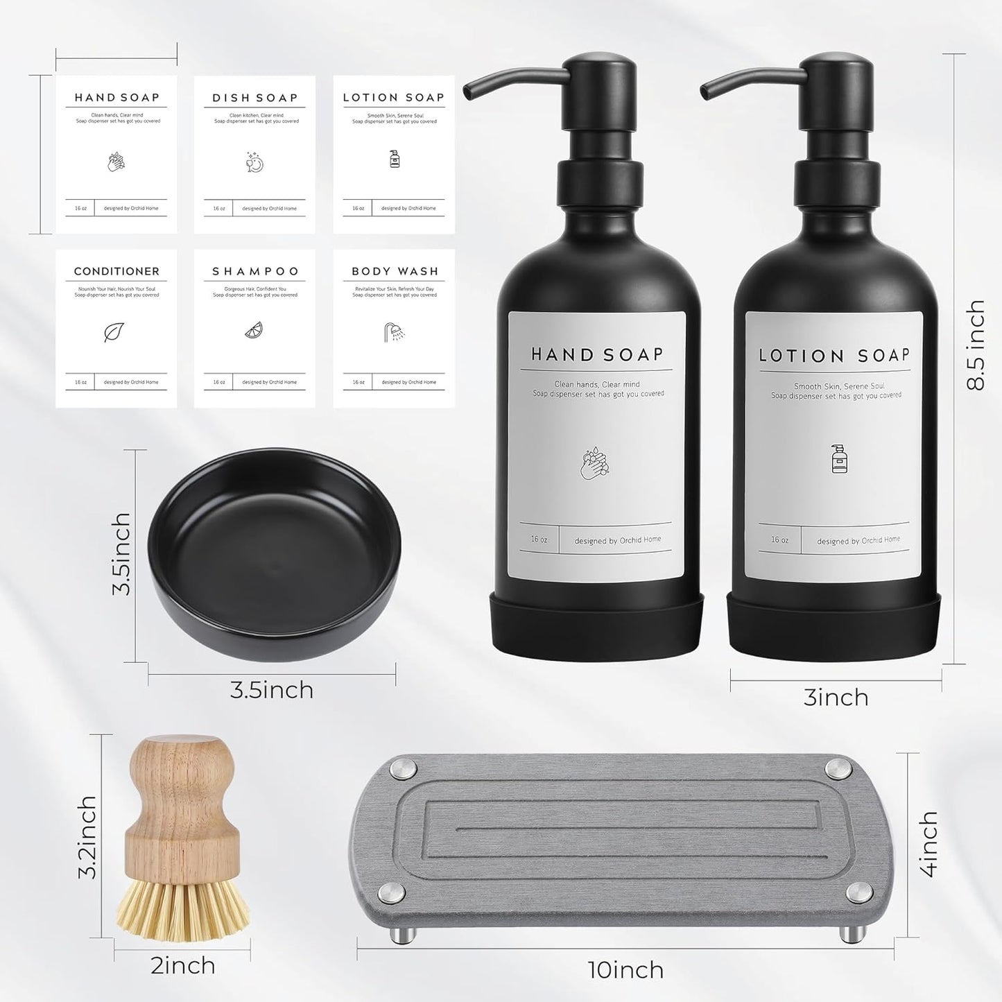 [Luxury] Kitchen Soap Dispenser Set - 16OZ Black Glass Bottle, Stainless Steel Pump, Instant Dry Tray, Waterproof Labels, Non-Slip Silicone Pad, and Dish Brush | Upgrade for Your Kitchen and Bathroom